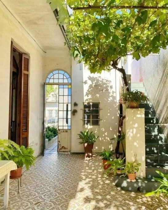 A sunlit Mediterranean-style courtyard or patio with decorative tiled flooring, potted plants, a grapevine overhead, and an arched doorway with stained glass.