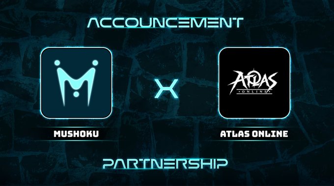 Gaming announcement graphic showing a partnership between Mushoku and Atlas Online, displayed on a dark stone-textured background.