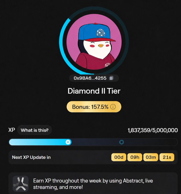 "XP Day on @AbstractChain" appears at the top of the screen, possibly referring to a social media platform or gaming community where XP (XP Points) can be earned for playing games or completing various activities. The main feature of this message is an overlay of an abstract picture featuring a penguin wearing a hat and a "D" on its chest. A number of numbers are also visible in the image, which might represent XP points gained during the week or some other relevant data.