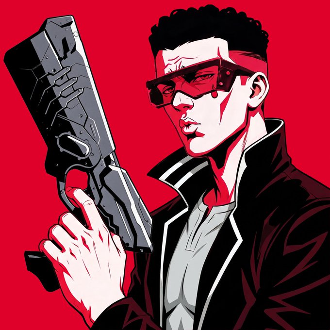 A stylized illustration shows a man with short hair and rectangular sunglasses holding a futuristic gray handgun against a solid red background.