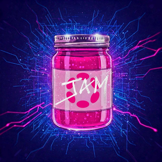 The image features a jar of pink jam with the word "JAM" written on it, surrounded by blue lines and sparks. The background consists of purple and blue lights that create an abstract pattern around the jar. The caption reads "Post-quantum security is no longer theoretical for @Polkadot @Web3foundation has unveiled a technical roadmap for making both Polkadot and JAM resistant to future quantum threats". This suggests that the image is related to the development of new technologies or strategies in the field of cryptography, specifically focusing on the resistance of blockchain-based systems like Polkadot to potential quantum attacks.
