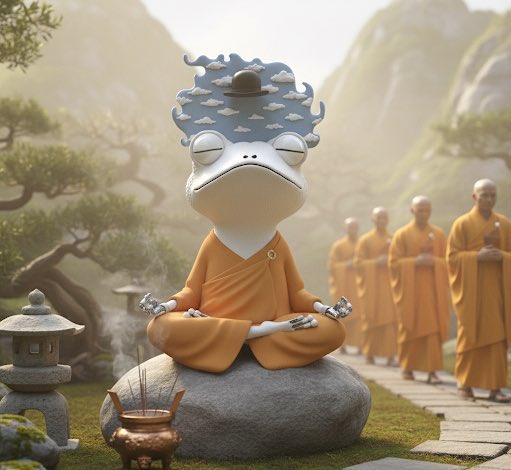 A whimsical digital illustration of a meditating frog-like figure wearing orange monk robes, sitting on a rock with a cloud-patterned headpiece, surrounded by monks in a serene mountain landscape.