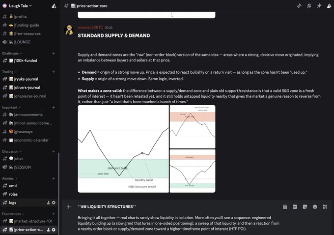 A Discord screenshot of a channel titled 'onepieceXSTC' discussing 'STANDARD SUPPLY & DEMAND' with diagrams illustrating market liquidity zones and price action structures.
