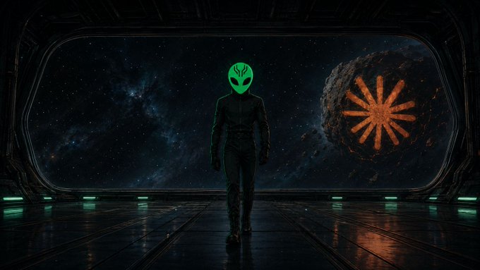 Sci-fi image of a humanoid figure with a glowing green alien mask standing in a spaceship corridor, looking out a large window at an asteroid with a glowing orange star symbol.