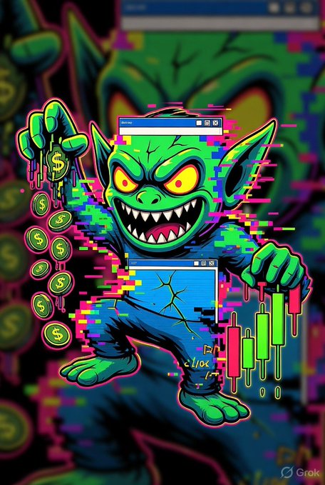 The image features a cartoon character, likely a green monster or troll with a face, holding up a bunch of money. The character appears to be laughing while holding onto the money. The background of the image has a pinkish-green color scheme with various elements such as dollar signs and stock market graphs scattered throughout. The post includes text that reads "POV: You just got rugged again... But this time the Glitch Goblin is laughing and stealing it back Website dropped". This suggests that there might be some sort of glitch or error in the image, possibly related to the stock market or a computer program, causing the character to laugh while holding onto the money.