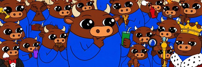 This image shows a crowd of cartoon bulls, one of whom is wearing a crown, fitting for a banner image for $BUL on Moby. The bulls are depicted in various colorful outfits and engaging in different activities, adding to the playful and engaging nature of the banner.