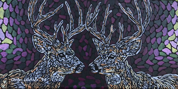 Colorful stylized painting of two deer with antlers facing each other against a patterned purple background, signed 'Christen Alward 24' in the bottom left.