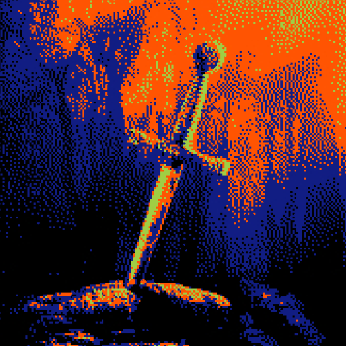 A stylized pixelated image of a sword stuck in a rock with an orange and blue color palette, depicting a fantasy scene.