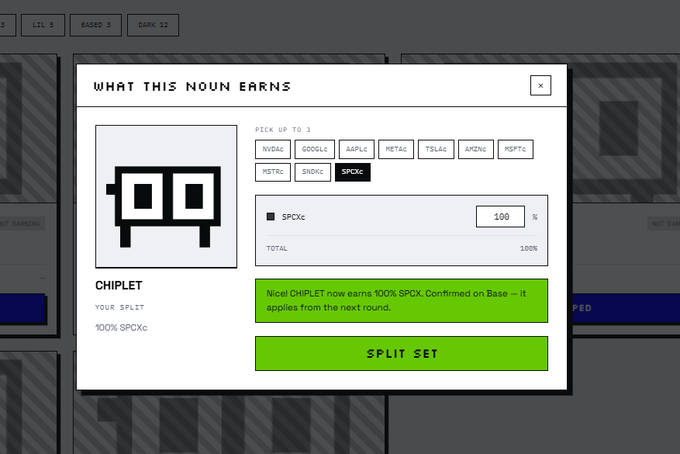 A digital interface displays 'WHAT THIS NOUN EARNS' for a 'CHIPLET' character, showing a 'SPLIT SET' of 100% SPCXc.