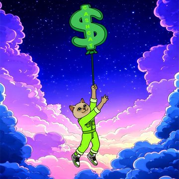 A cartoon cat in a green tracksuit floats through pink and purple clouds, gripping a string attached to a green dollar-sign balloon labeled "CASH," symbolizing the upward trajectory of $CASHCAT reaching new all-time highs.