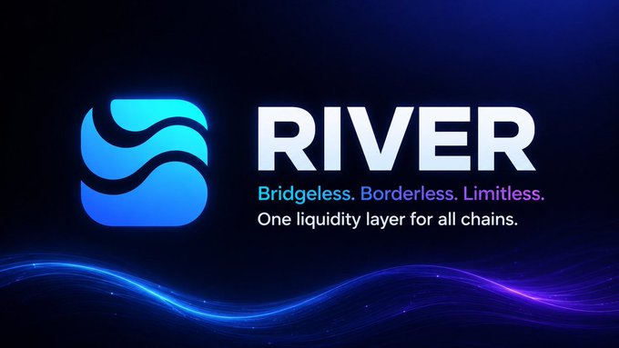 A dark promotional graphic for 'RIVER' featuring a stylized blue wave logo and the text 'Bridgeless. Borderless. Limitless. One liquidity layer for all chains.'