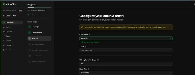 Canopy Launchpad interface showing a 'Configure your chain & token' setup page with fields for Chain Name (set to Metoriie), Token, Halving Schedule (3%), and Block Time (15 seconds), at 73% launch progress.