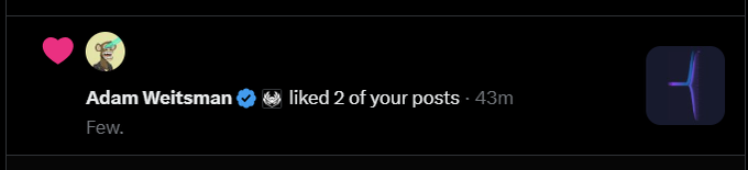 The image features a post made by Adam Weitsman, where he has tagged a picture of himself along with some text that includes another person's name ( "@AdamWeitsman " ) and a description of the picture ( "@DOG Army" ). The text also mentions an event in which two posts were liked, one of which is tagged as "@AdamWeitsman", showing that Adam Weitzman has received recognition for his post.
