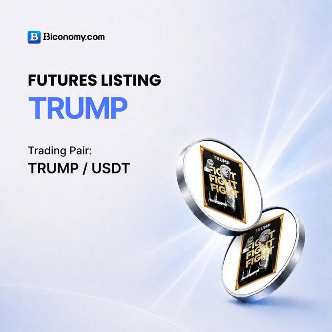 Biconomy.com announces the futures listing of $TRUMP with the TRUMP/USDT trading pair, featuring two branded TRUMP "FIGHT FIGHT" tokens displayed alongside promotional text on a light blue background, directly promoting the new perpetual contract listing.