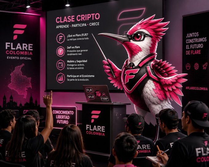 A speaker presents "Clase Cripto" at the official Flare Colombia event in Pereira, with a large screen displaying educational topics like DeFi and Wallets alongside the Flare (FLR) logo and a stylized hummingbird mascot, while an engaged audience wearing branded Flare apparel listens. The image captures the LATAM crypto education class promoted in the post, complete with signage reading "Conocimiento, Libertad, Futuro" and "Juntos Construimos El Futuro de Flare."