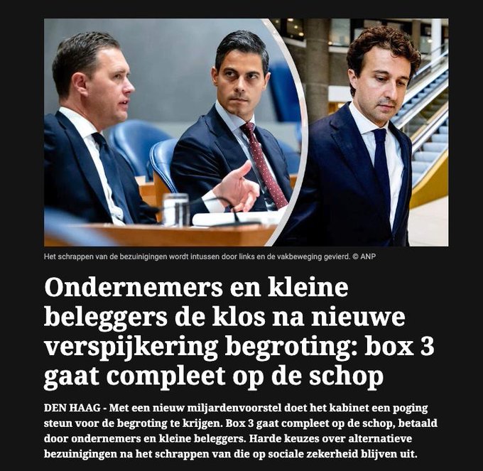 The image shows three Dutch politicians—Ulysse Ellian (left, D66), Dilan Yeşilgöz (center, VVD), and others—in what appears to be a parliamentary setting, accompanying a Telegraaf article headlined "Ondernemers en kleine beleggers de klos na nieuwe verspijkeling begroting: box 3 gaat compleet op de schop," reporting that the Dutch cabinet plans a major overhaul of Box 3 (savings and investment taxation), with insiders indicating assets would only be taxed when sold starting in 2028.