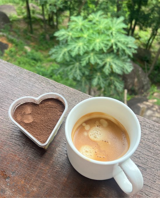 A heart-shaped container of cocoa powder sits next to a white mug of coffee on a wooden balcony overlooking lush green trees.