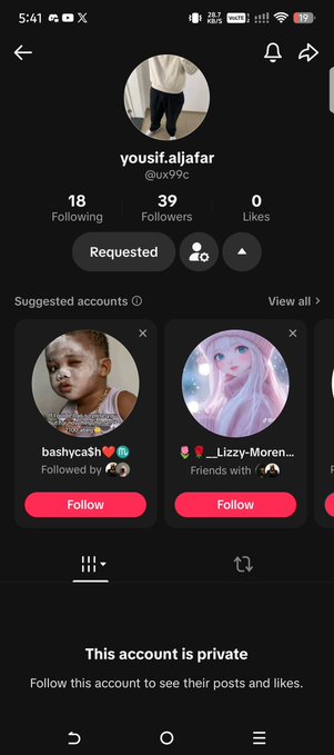 A screenshot of a TikTok private profile for user 'yousif.aljafar' (@ux99c) showing 18 Following, 39 Followers, 0 Likes, with suggested accounts 'bashycash' and 'Lizzy-Moren...' below.