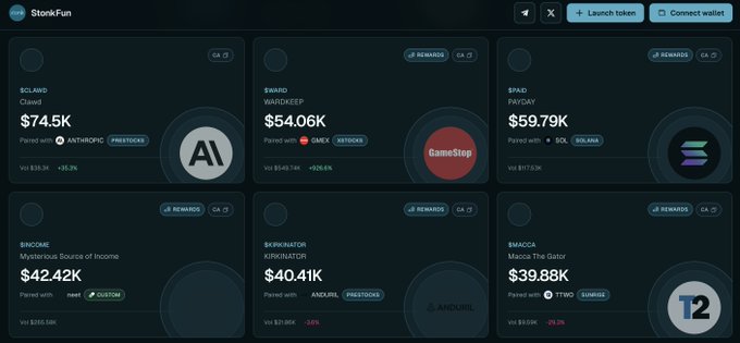 A screenshot of the 'StonkFun' platform shows memecoin tickers including 'CLAWD', '$WAIKDEEP', 'PAYDAY', '$INCOME', '$TRINATOR', and '$MAGGA' along with their market caps.