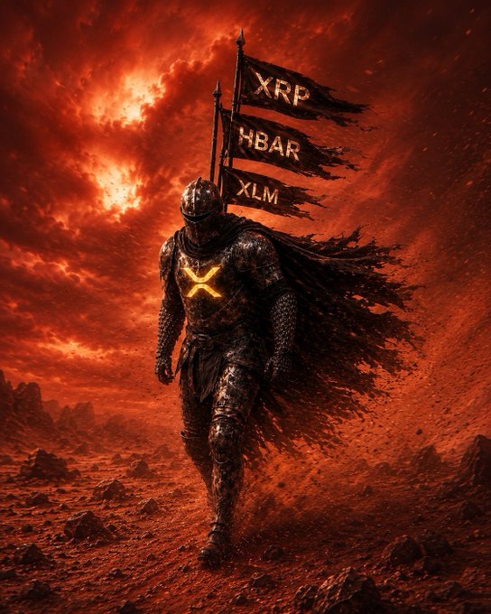 An armored knight bearing an "XRP" chest emblem marches through a fiery red wasteland, carrying tattered flags displaying the tickers XRP, HBAR, and XLM—visually embodying the post's message of unshakeable conviction amid crypto market turbulence.