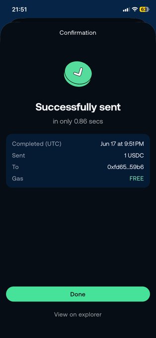 The image shows a phone screen with an app icon, which appears to be a messaging app. The main focus of the image is a message that reads "Successfully sent" and includes details about the transaction, such as the amount sent and the recipient's address. The background color of the image is black, making it stand out against the white text on the screen. There are also some green elements in the image, which could be part of the app icon or other design elements.