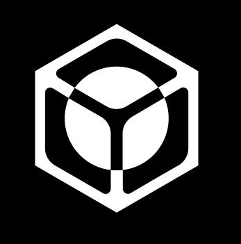 A minimalist white logo featuring a cube with rounded inner shapes set against a black background.