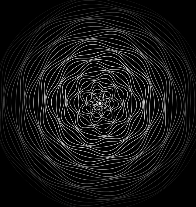 A black and white digital illustration of concentric, wavy lines forming a hypnotic, circular pattern that narrows to a floral shape in the center.
