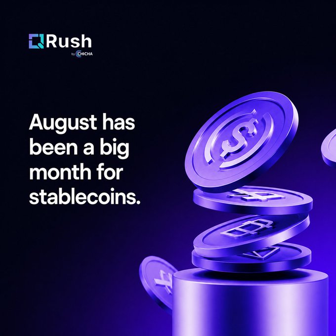 A promotional graphic from 'Rush by DICHA' features 3D purple coins with crypto symbols and the text 'August has been a big month for stablecoins.'