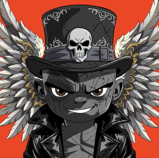 A cartoon-style illustration depicts a grinning character wearing a black top hat adorned with a skull emblem and large feathered wings, set against a red background.