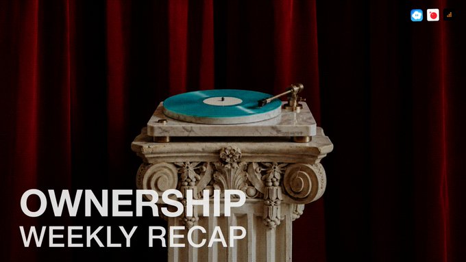 A title card with the text 'OWNERSHIP WEEKLY RECAP' features a vintage record player on an ornate marble pillar against a dark red curtain background.