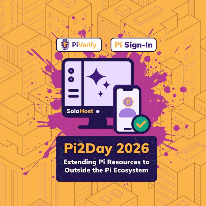 The image is a promotional graphic for "Pi2Day 2026," featuring a purple paint splash against a yellow isometric city background, with icons of a computer monitor labeled "SoloHost," a smartphone with a checkmark, and banners for "PiVerify" and "Pi Sign-In," all illustrating the new Pi Network utilities mentioned in the post about extending Pi resources beyond its ecosystem.