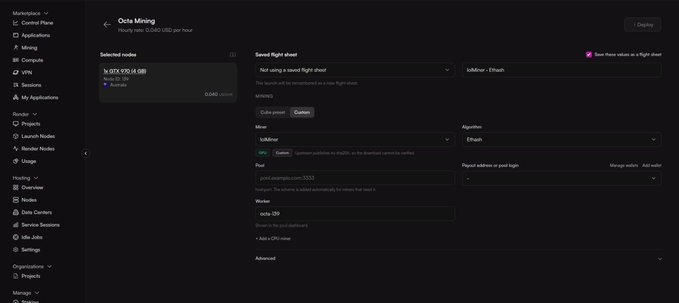 A dark-themed Octa Mining dashboard interface showing a selected node (NVIDIA GeForce RTX 4090), miner settings configured for IceRiver/Ethash algorithm, with the pool address pool.eu-iceriver.com:3333 and worker name octa-269.