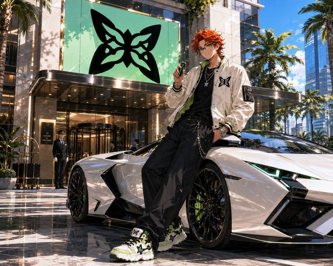 An anime-style digital illustration of a red-haired young man in a white jacket and star-patterned sneakers leaning against a sleek white Lamborghini, with a large green butterfly logo displayed on the building behind him.