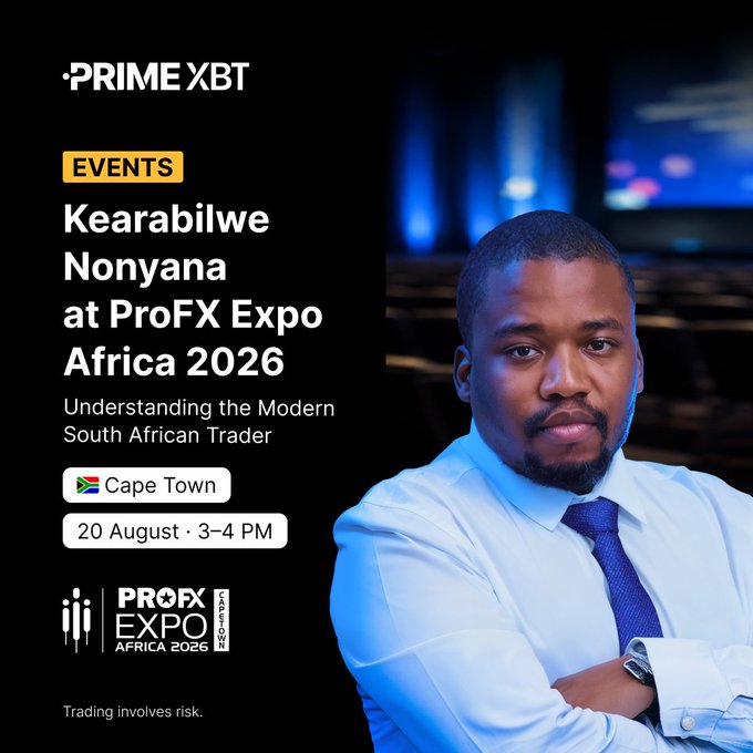 A promotional graphic from PrimeXBT for an event titled "Kearabilwe Nonyana at ProFX Expo Africa 2026: Understanding the Modern South African Trader" in Cape Town on 20 August, 3-4 PM, featuring a portrait of a man in a light blue shirt and dark tie.