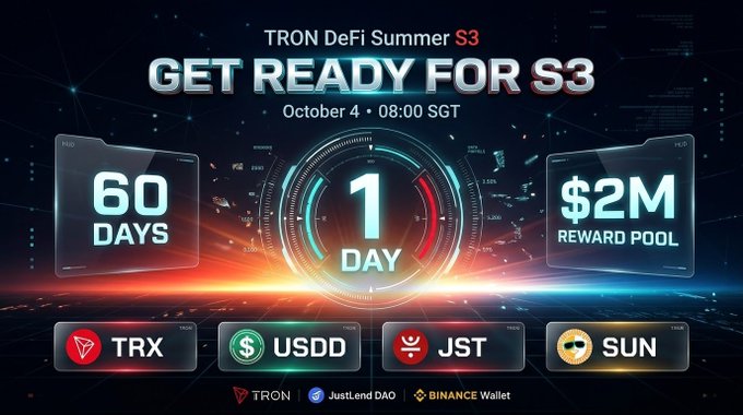 TRON DeFi Summit S3 promotional graphic displaying 'GET READY FOR S3' on October 4 at 08:00 SGT, with a 60-day countdown, $2M reward pool, and featured tokens TRX, USDD, JST, and SUN.