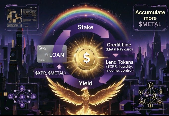 The image shows a gold coin with an eagle perched on top, surrounded by various city buildings and a rainbow arching across the sky. The text above the coin reads "Stake $LOAN → Unlock real credit line. Lend ecosystem tokens → earn yield. Use the credit → accumulate more without selling. Your stack never sleeps. It works on multiple fronts at once. This isn't just holding. This is the".