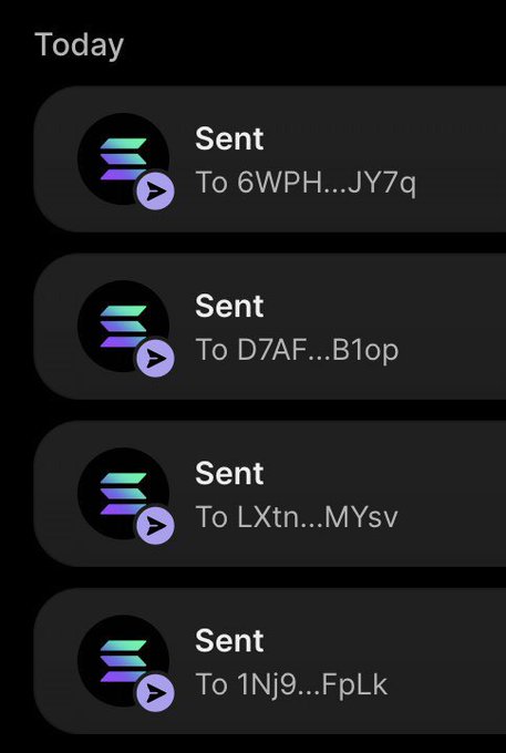A dark-themed app interface, likely a crypto wallet, showing a 'Today' list of four 'Sent' transactions to various wallet addresses.