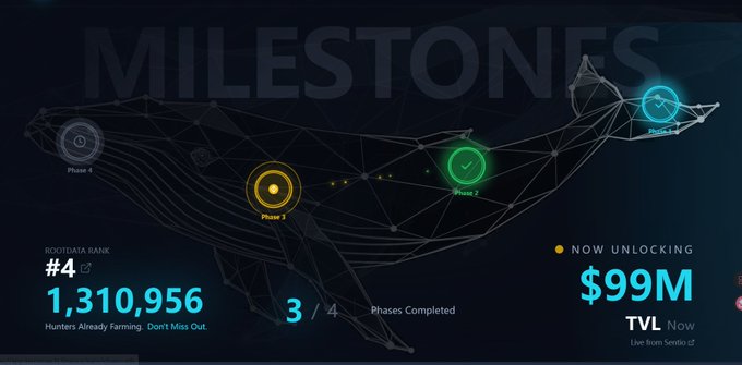 The image shows a poster or advertisement with a large whale graphic, likely used for promoting a new online platform called TermMaxFi. In the background of the image, there are two clocks, one green and one blue. Above the whale graphic on top, there is a text that says "MILESTONES", and below it, another text states that the whales have been completed and released to users for free. The title of the post reads "@TermMaxFi 中国搞Web3签到...", which implies that Term Max Fi is based in China and focuses on using Bitcoin as its currency.