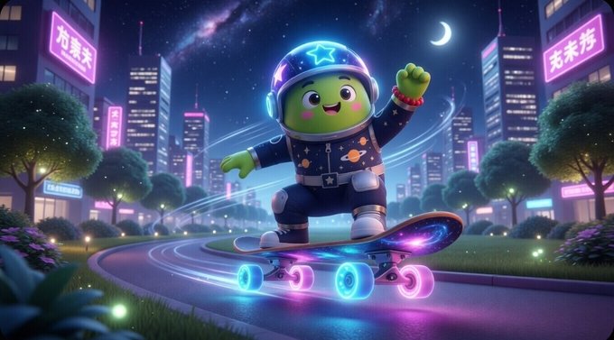 A 3D-rendered green alien character in a space suit rides a glowing neon skateboard through a futuristic city at night.