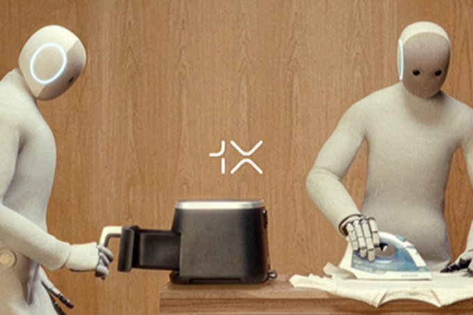 Two robots are depicted, one using an iron and the other operating a toaster, with the "1x" logo visible, implying a future where robots handle chores, allowing people to "go have some fun."