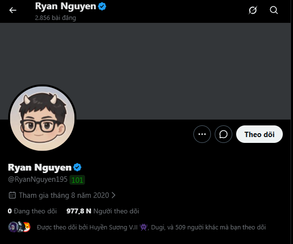 A screenshot of a Twitter/X profile page for 'Ryan Nguyen' (@RyanNguyen195) with a verified checkmark, 2,856 posts, joined August 2020, 977.8K followers, featuring a cartoon avatar with glasses and small horns.