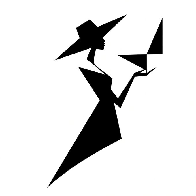 A black abstract geometric figure resembling a stylized witch or silhouette composed of sharp triangular shapes on a white background.