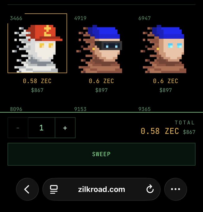 A screenshot of zilkroad.com showing pixel art NFT characters priced in ZEC cryptocurrency, with one highlighted item at 0.58 ZEC ($867) and a 'SWEEP' button.