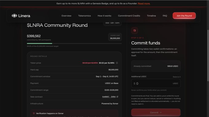 The image shows a "$LNRA Community Round" fundraising page on Sonar displaying $399,562 committed by 295 participants, with a hard cap of $6,000,000 and a token price of $0.02 per $LNRA, where 999.8 USDC has already been committed. The page supports the post's criticism by illustrating Linera's low community participation, as less than 7% of the hard cap has been raised despite the round being described as 13% completed in time.