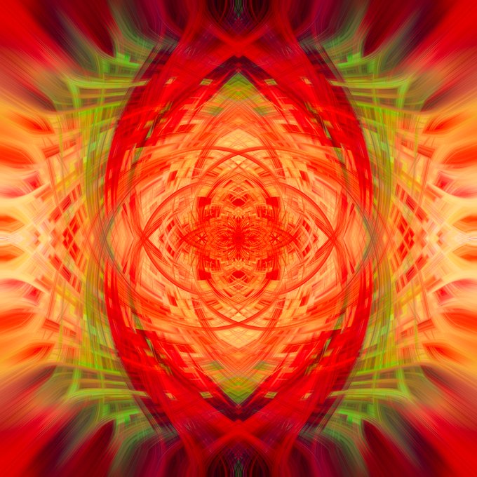An abstract, symmetrical mandala-like digital artwork featuring vibrant red, orange, and green colors with a kaleidoscopic design.