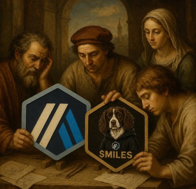 A Renaissance-style painting depicting several figures gathered around a table, with two holding hexagonal signs—one showing an 'M' logo and the other displaying a dog wearing a hoodie with '$MILES' text.