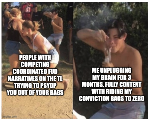 A split-image meme with text captioned: "PEOPLE WITH COMPETING COORDINATED FUD NARRATIVES ON THE TL TRYING TO PSYOP YOU OUT OF YOUR BAGS" (left, showing people fighting) and "ME UNPLUGGING MY BRAIN FOR 3 MONTHS, FULLY CONTENT WITH RIDING MY CONVICTION BAGS TO ZERO" (right, showing a shirtless man rinsing his face with water). The image visually contrasts outside noise/FUD with the meme creator's "lobotomy mode" mentality of fully committing to a high-risk bet—accepting either a 100x gain or total loss without overthinking, aligning with the post's coin-toss-odds advice.