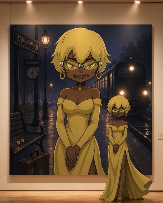 A digital artwork displayed in a gallery showing an animated character with blonde hair and yellow dress standing at a 'RAVENSWOOD' train station, with a larger version of the same character depicted in the painting behind her.