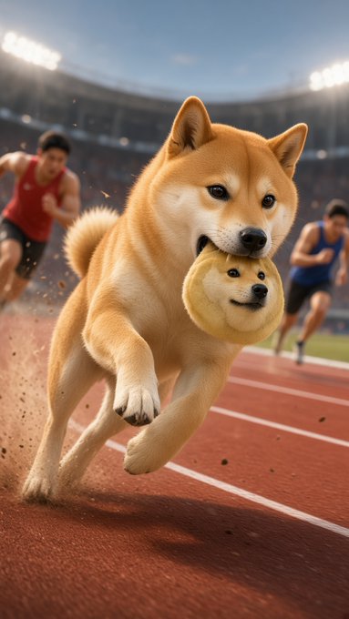 An AI-generated image of a Shiba Inu dog running on an athletic track while holding another smaller Shiba Inu in its mouth, with runners visible in the background.