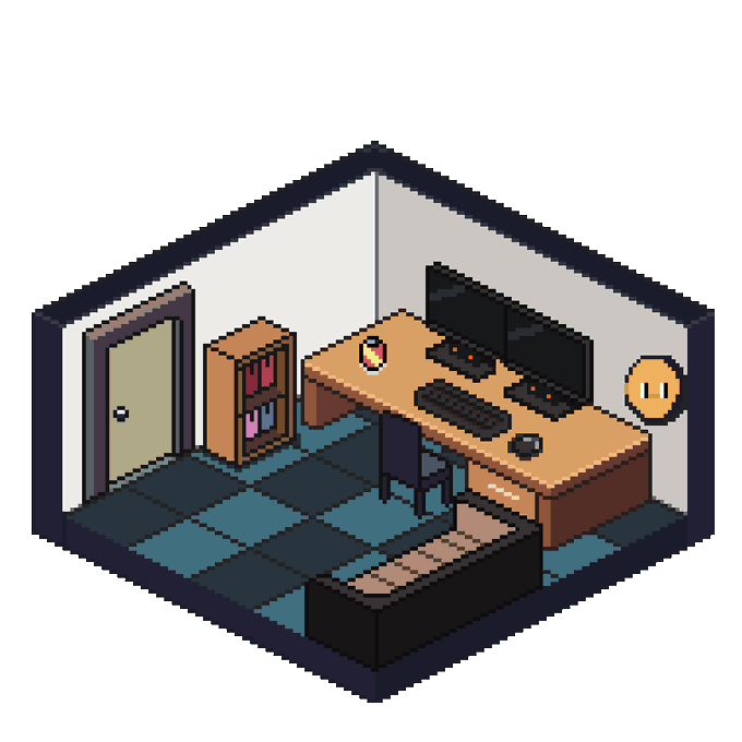 An isometric pixel art illustration of a small room containing a desk with dual monitors, a keyboard, a bookcase, a door, a rug, and a floating smiley face coin.